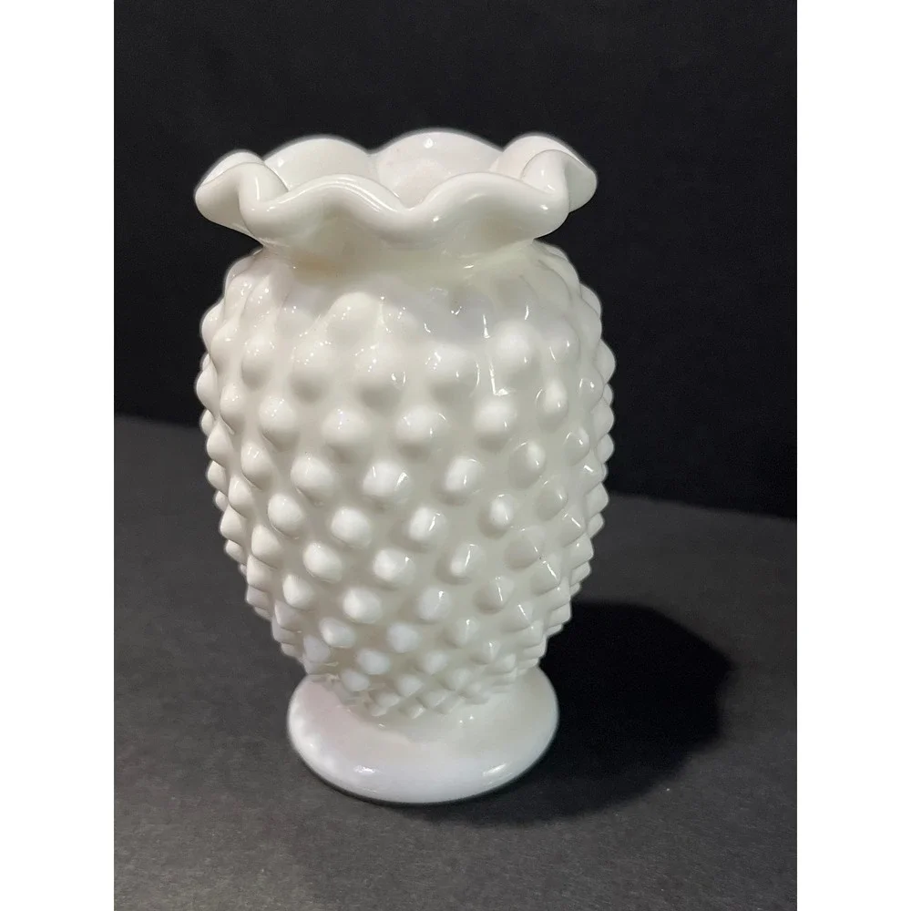 Vintage White Milk Glass Hobnail Bud Vase Ruffled Rim Footed 4 Inch